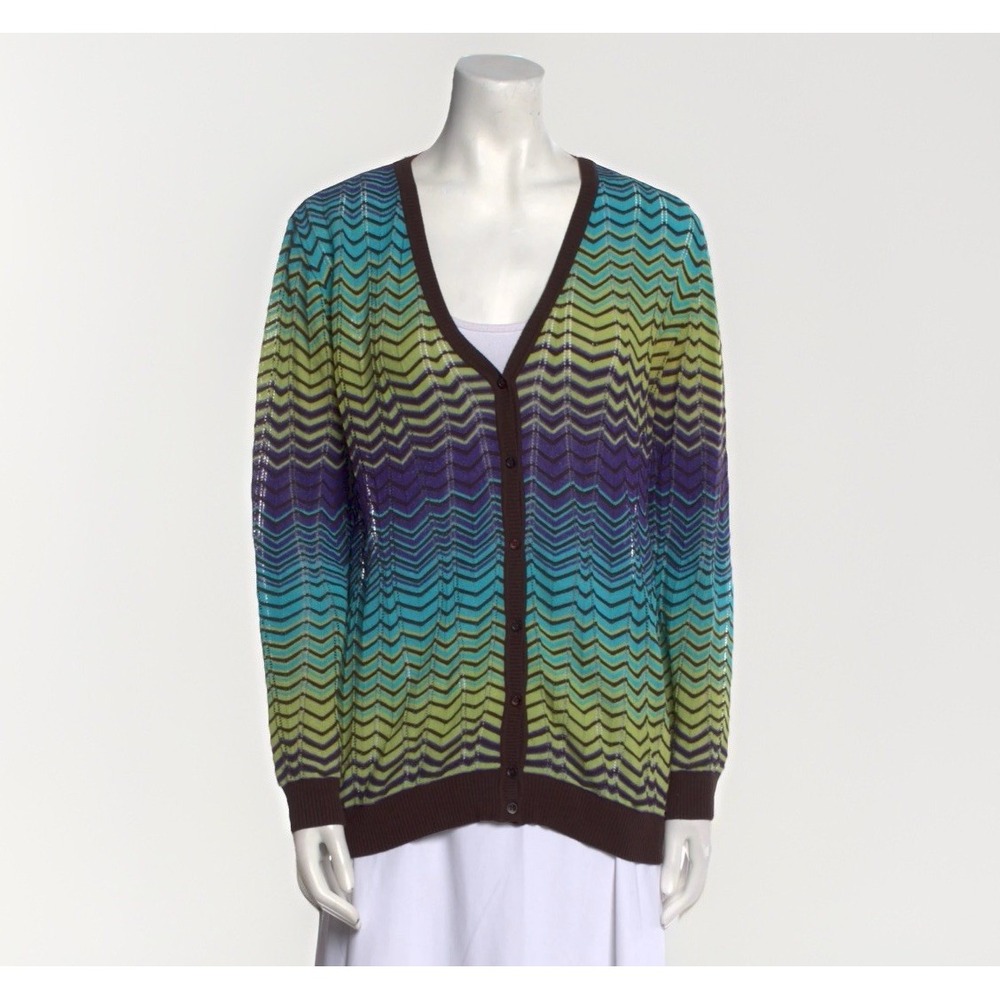 Missoni Zig Zig Button Cardigan Plunge V Neck Sweater 46 US 10 XL Multicolor